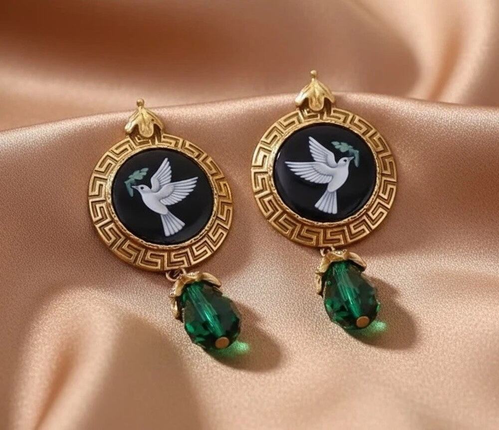 Bird Museum Dove Earrings Antique Flower VTG Palace Gold Court CZ Olive Branch